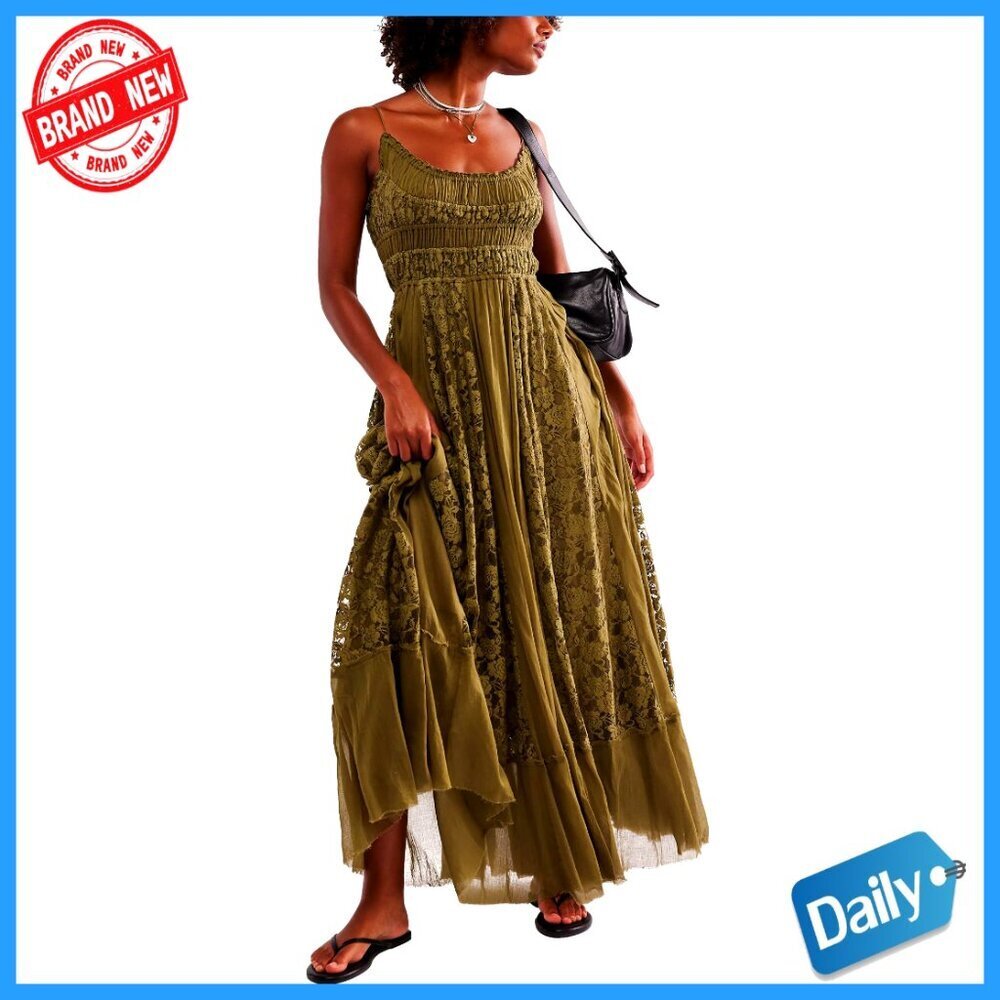 Lace Embroidered Maxi Dress A-Line Bohemian Summer Beach Casual